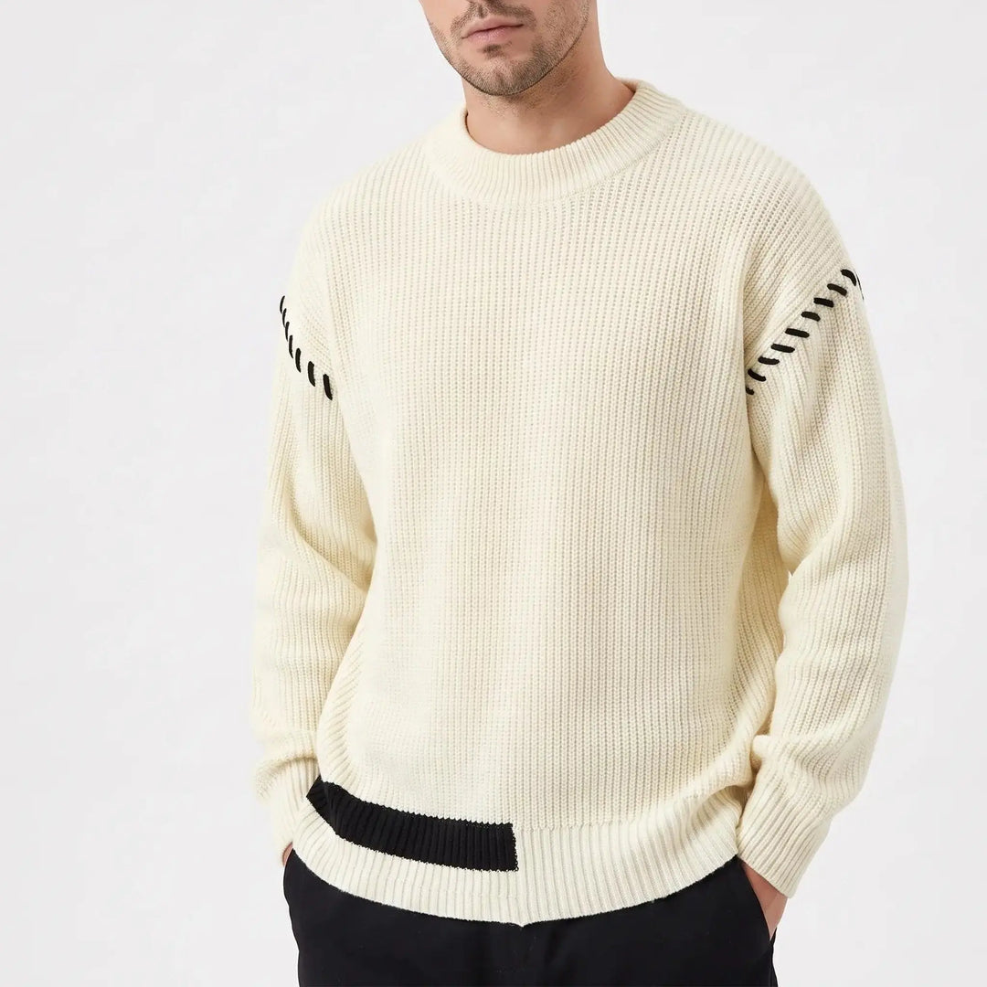 Men's Oversized Chunky Knit Sweater Crew-Neck Contrast Stripe Detail Oxford and Hill