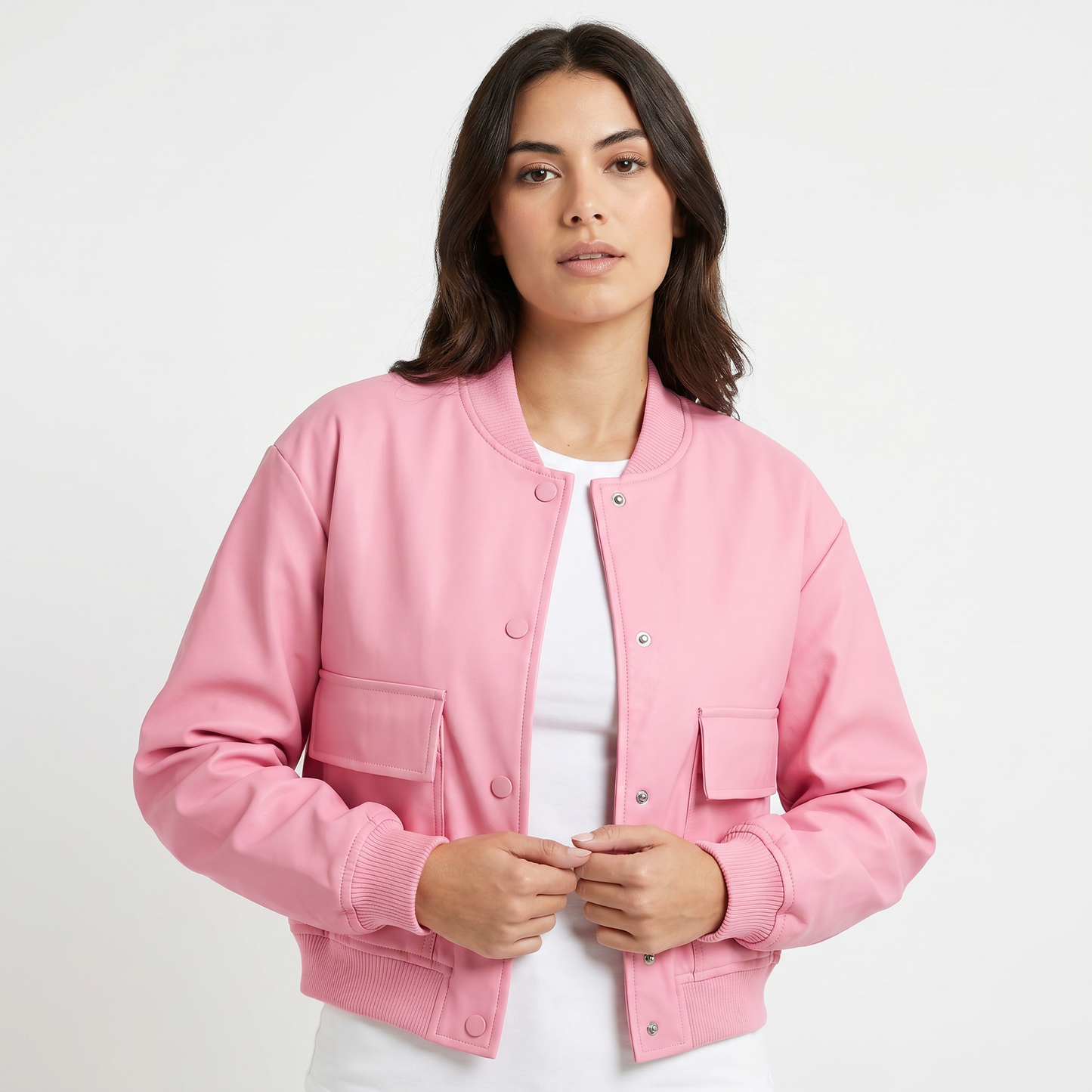Women's Cropped Bomber Jacket Button Front Cargo Pocket Ribbed Trim Casual Coat
