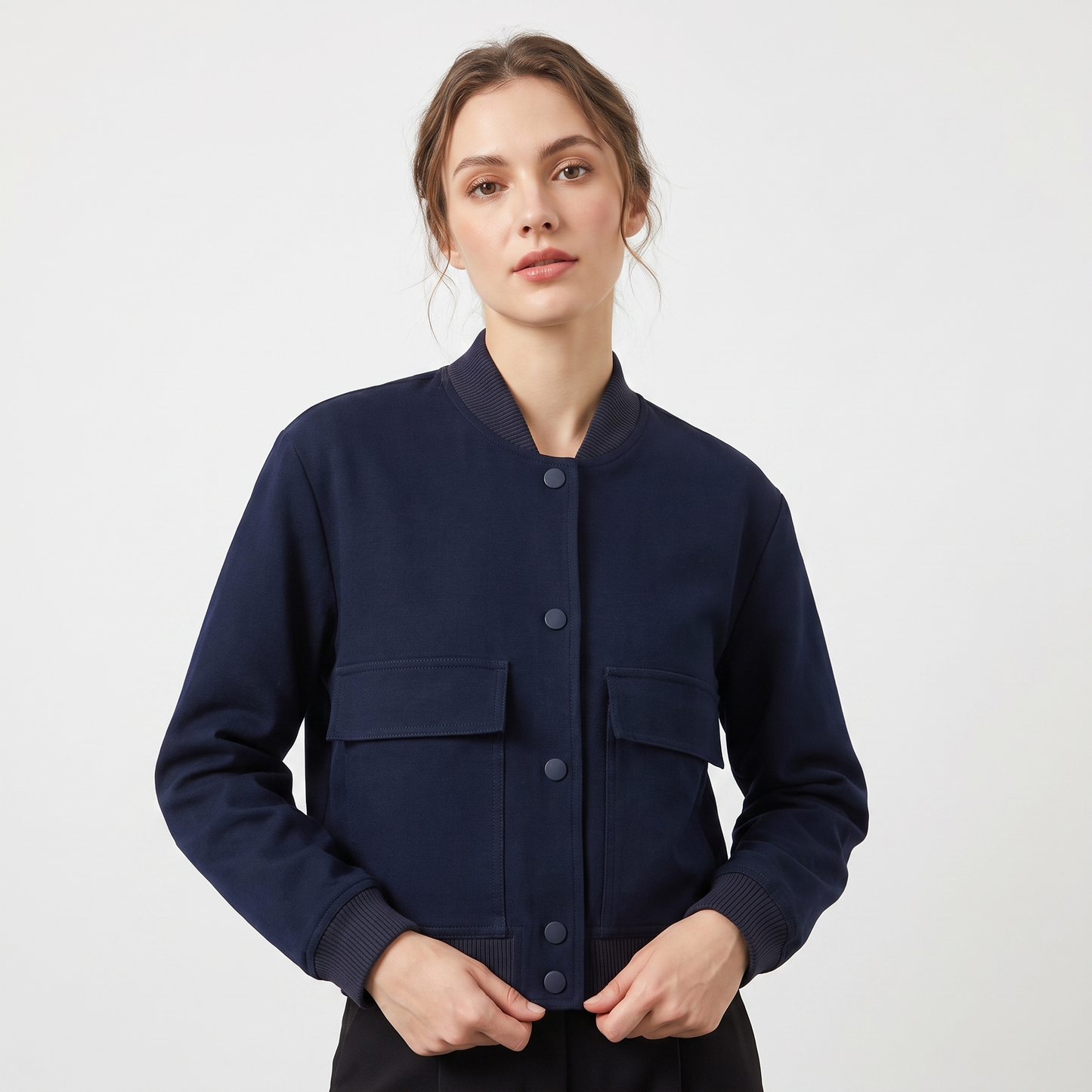 Women's Cropped Bomber Jacket Button Front Cargo Pocket Ribbed Trim Casual Coat