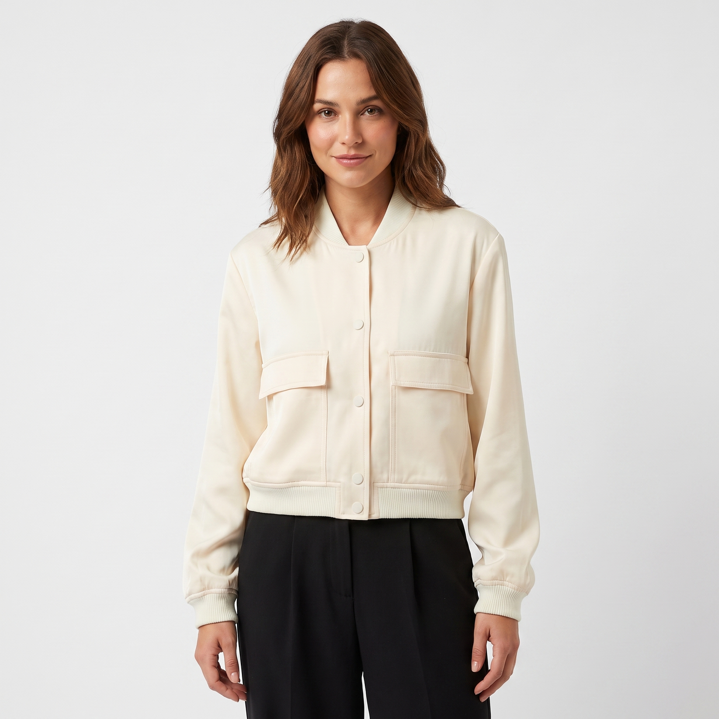 Women's Cropped Bomber Jacket Button Front Cargo Pocket Ribbed Trim Casual Coat