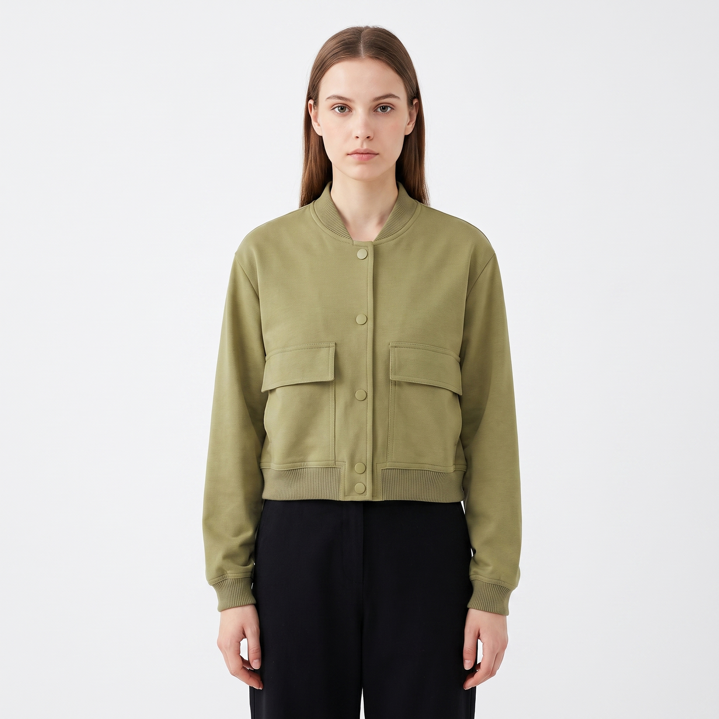 Women's Cropped Bomber Jacket Button Front Cargo Pocket Ribbed Trim Casual Coat