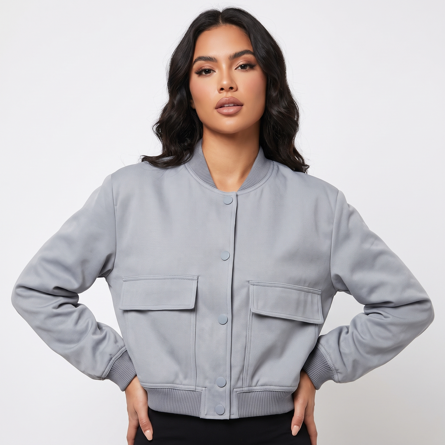Women's Cropped Bomber Jacket Button Front Cargo Pocket Ribbed Trim Casual Coat