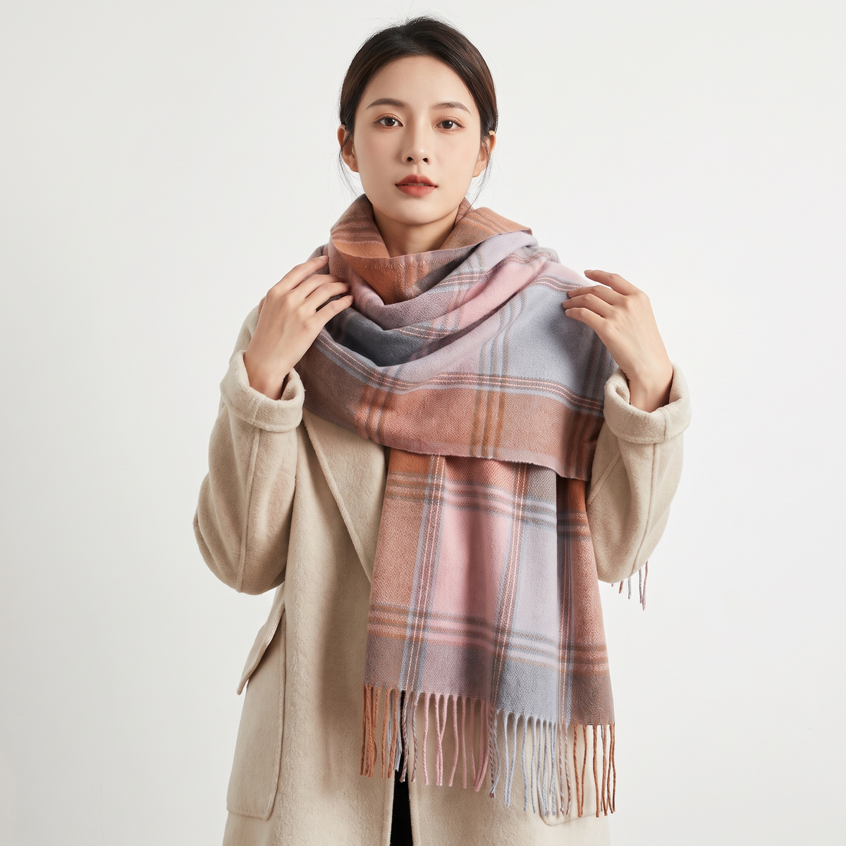 Women's Oversized Plaid Tartan Scarf Cashmere Feel Tassel Wrap Blanket