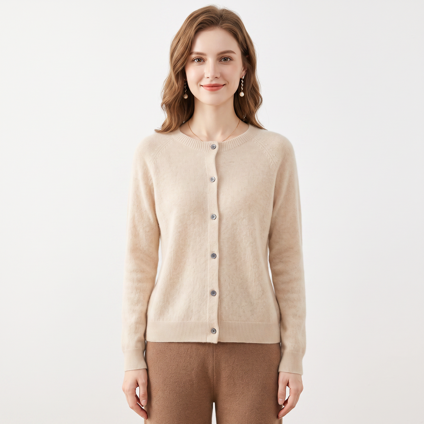 Women's Wool Knit Cardigan Crew Neck Button-Up Long Sleeve Sweater
