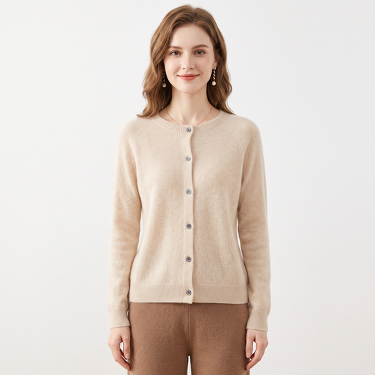 Women's Wool Knit Cardigan Crew Neck Button-Up Long Sleeve Sweater