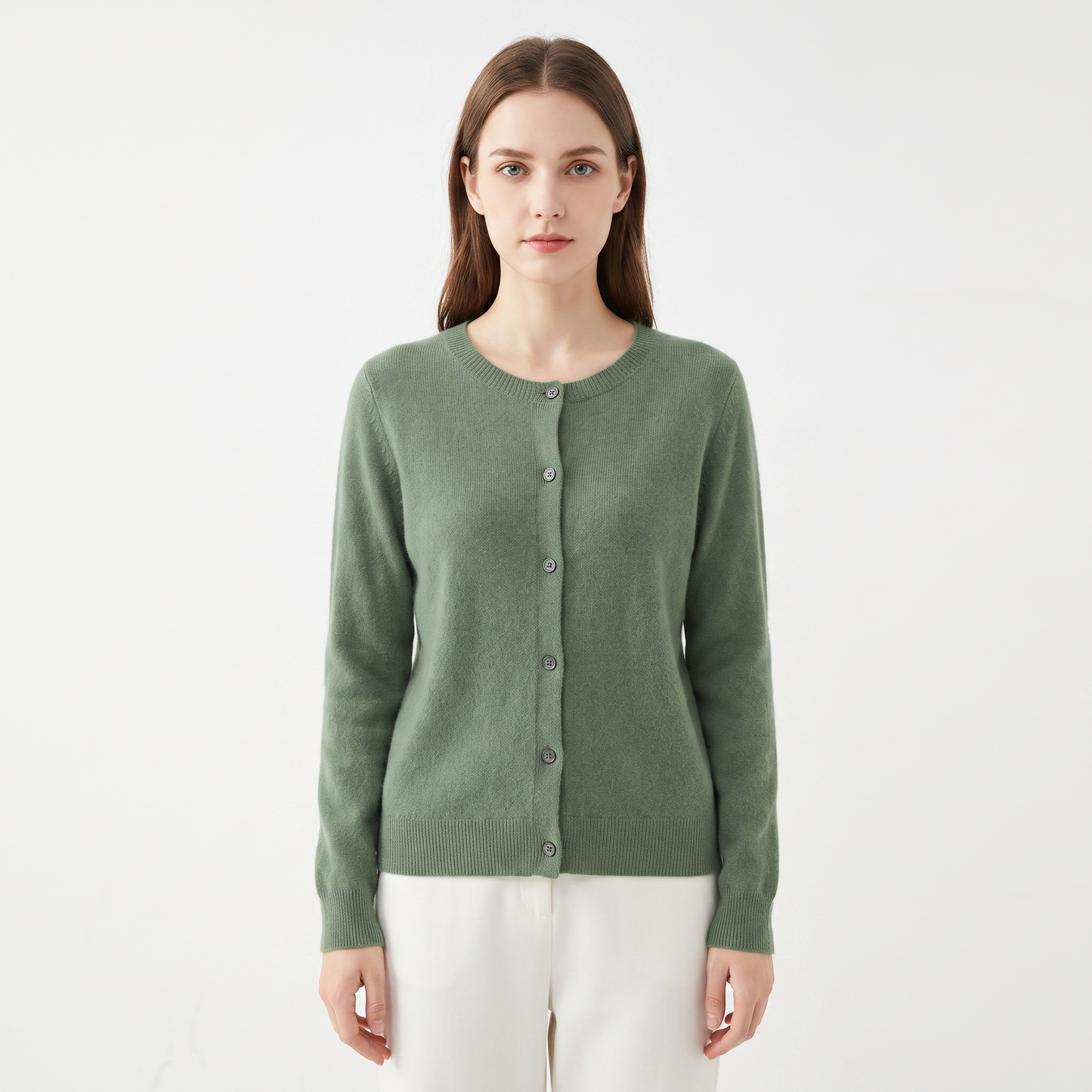Women's Wool Knit Cardigan Crew Neck Button-Up Long Sleeve Sweater