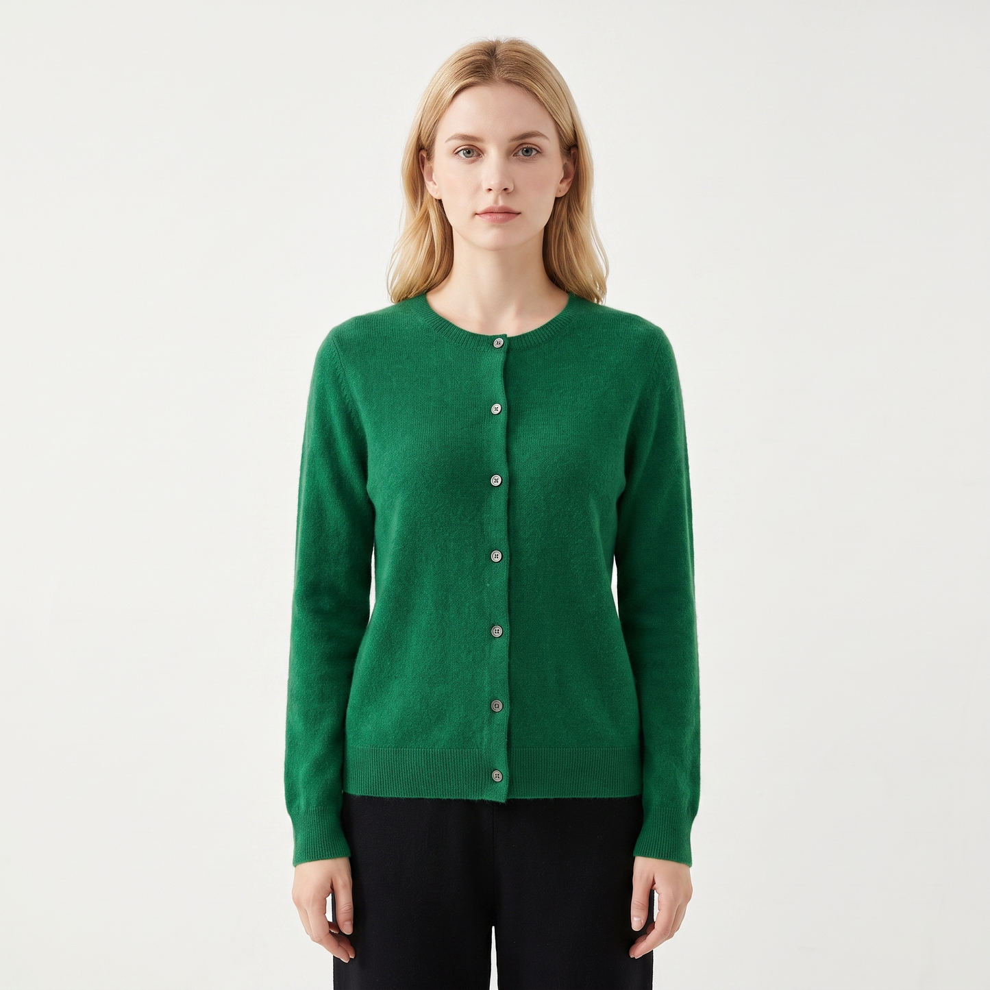 Women's Wool Knit Cardigan Crew Neck Button-Up Long Sleeve Sweater