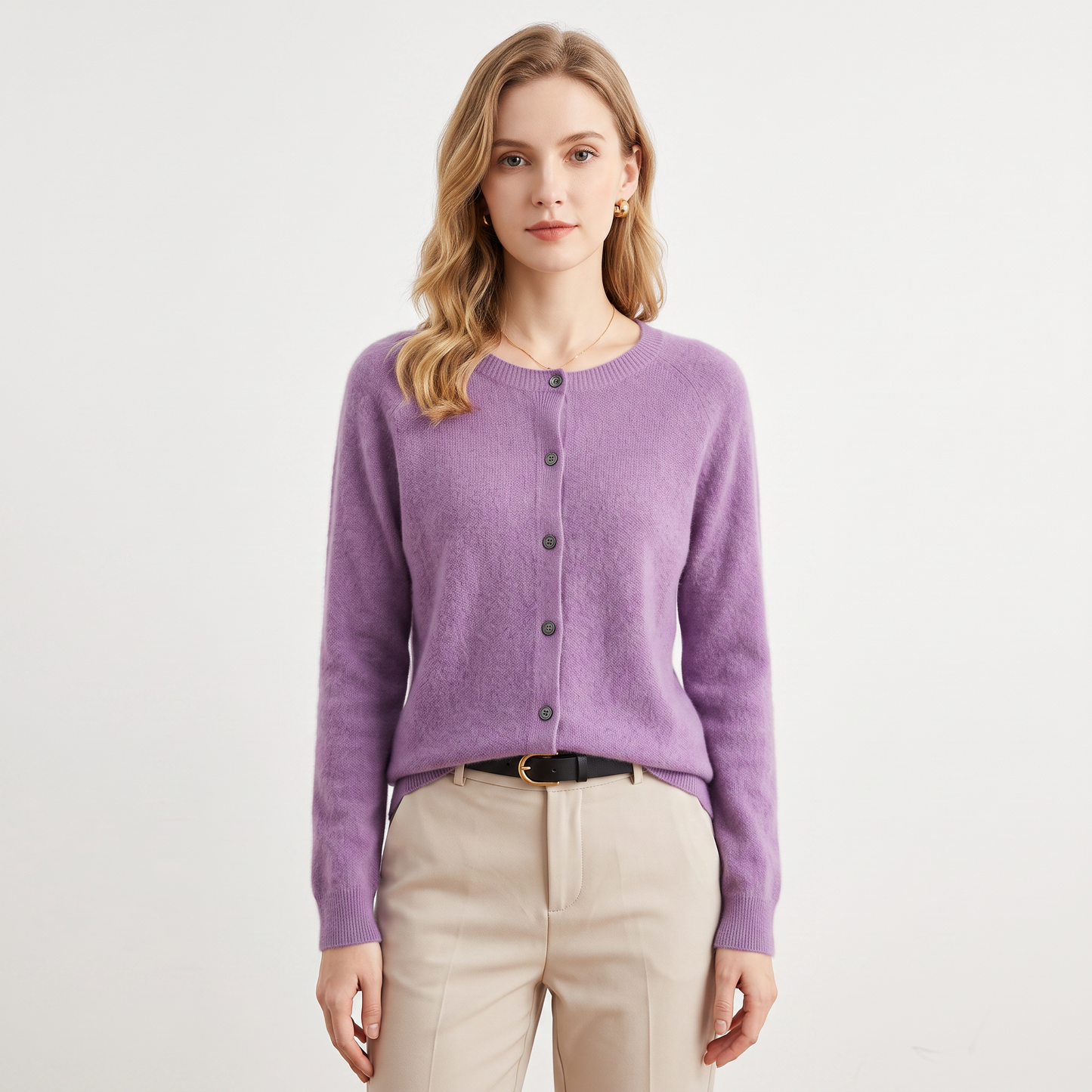 Women's Wool Knit Cardigan Crew Neck Button-Up Long Sleeve Sweater