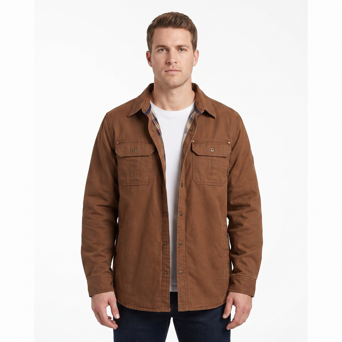 Men's Flannel-Lined Shirt Jacket Snap Button Cotton Workwear Overshirt