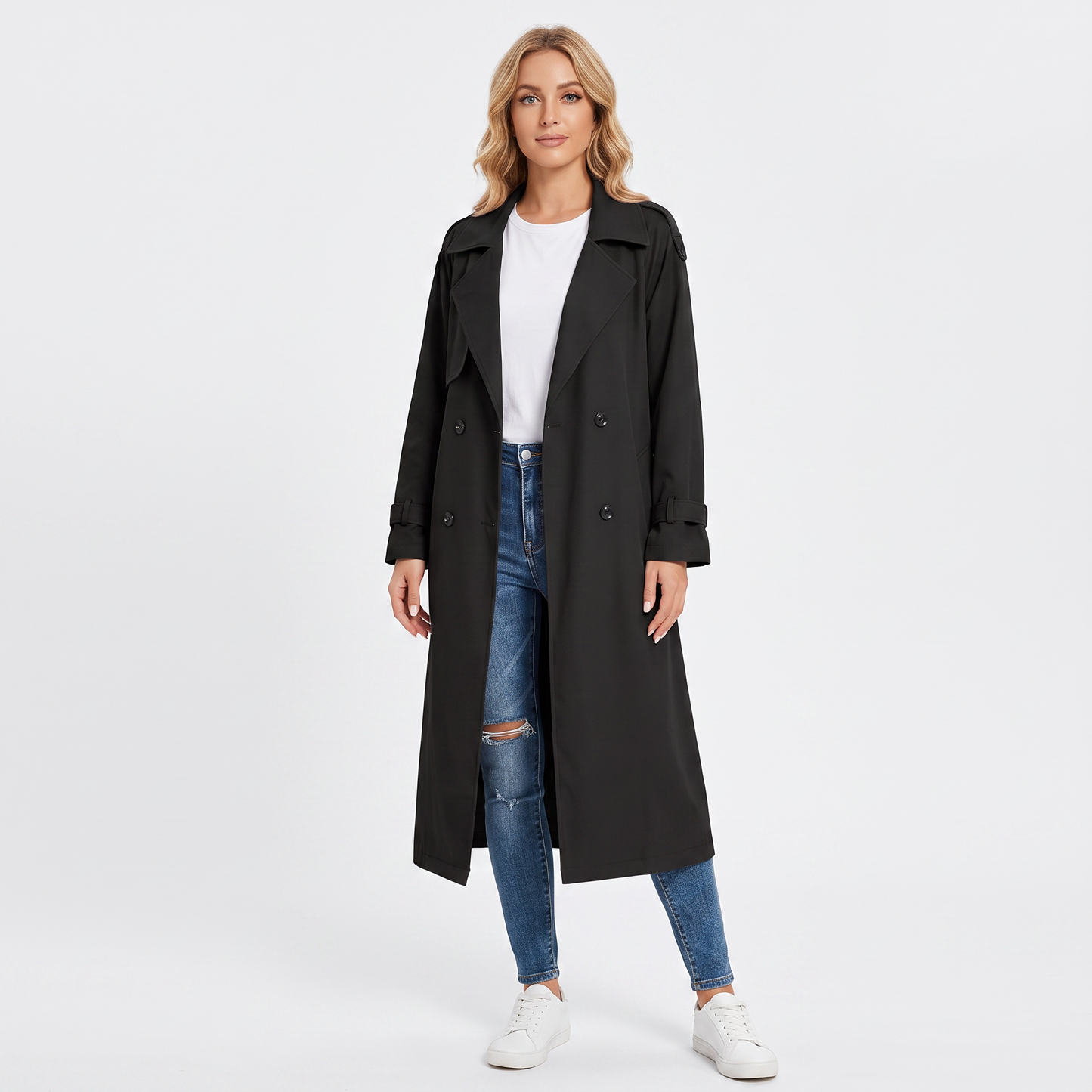 Women's Long Trench Coat Double-Breasted Belted Oversized Lapel Jacket
