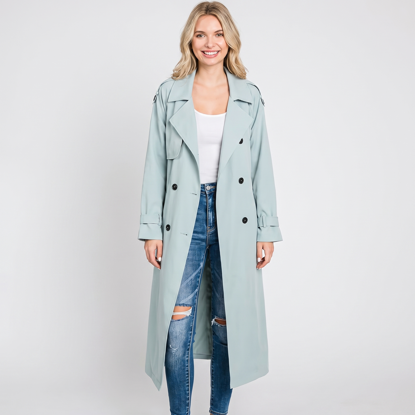 Women's Long Trench Coat Double-Breasted Belted Oversized Lapel Jacket