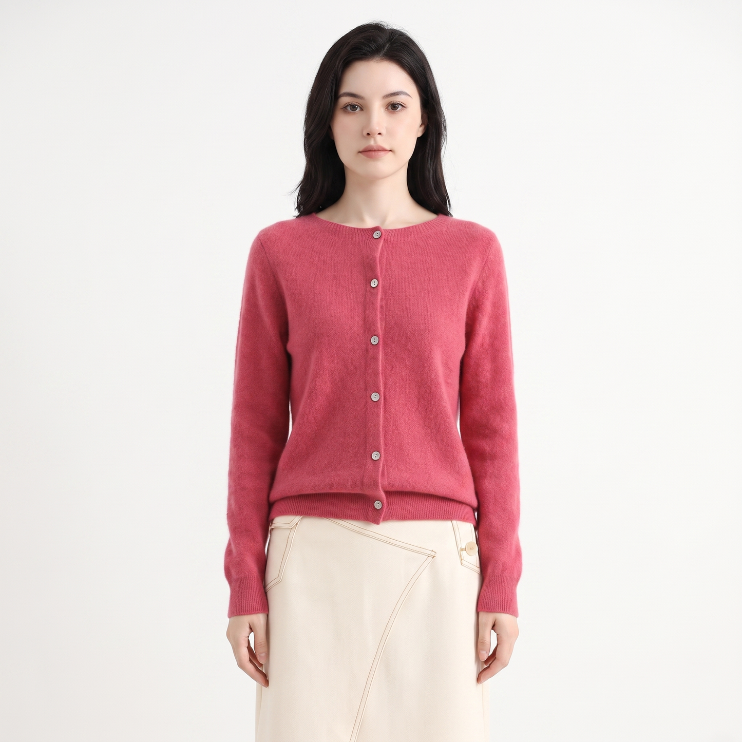 Women's Button-Front Cardigan Crew Neck Knit Sweater Slim Fit