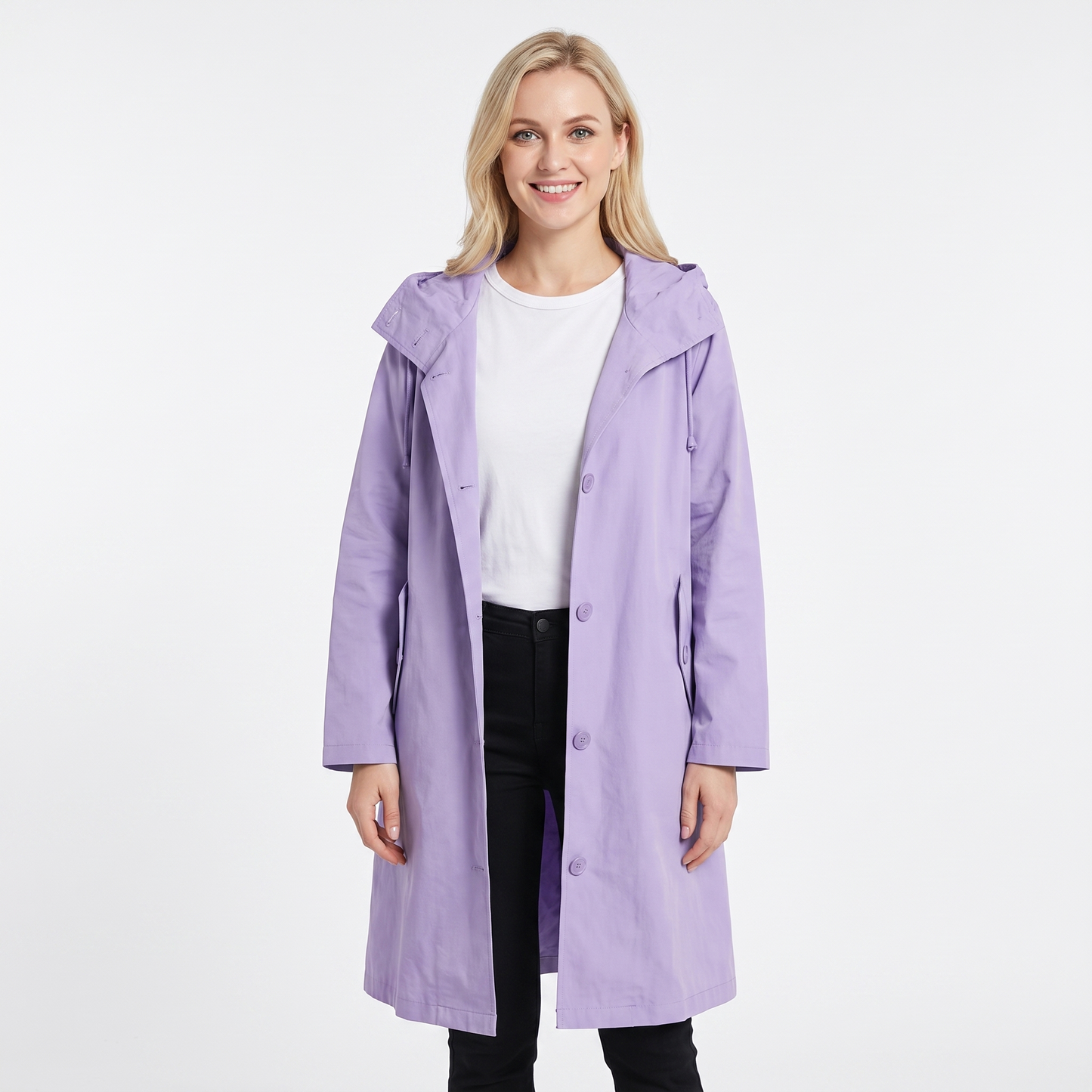 Women's Long Hooded Trench Coat Oversized Button-Front Casual Jacket