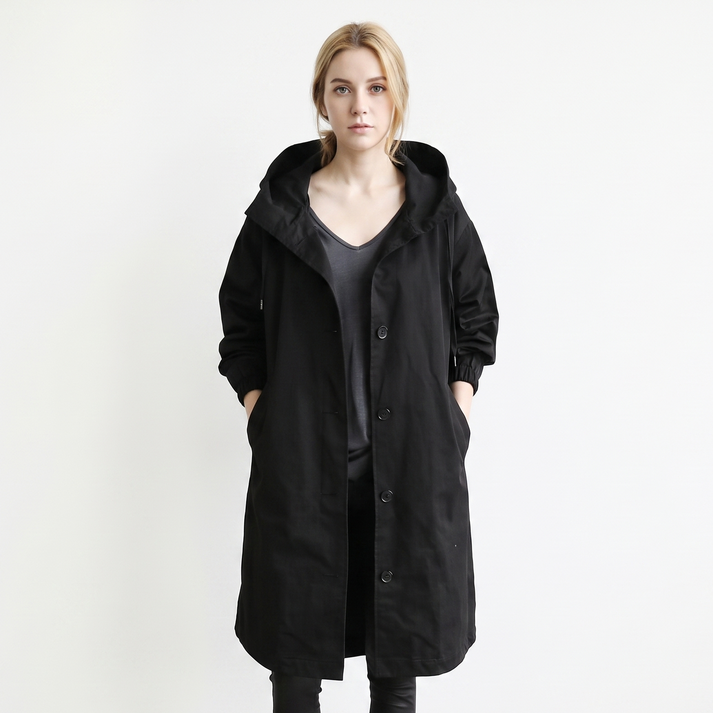 Women's Long Hooded Trench Coat Oversized Button-Front Casual Jacket
