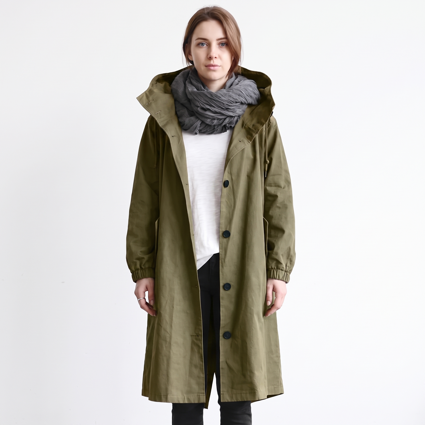 Women's Long Hooded Trench Coat Oversized Button-Front Casual Jacket
