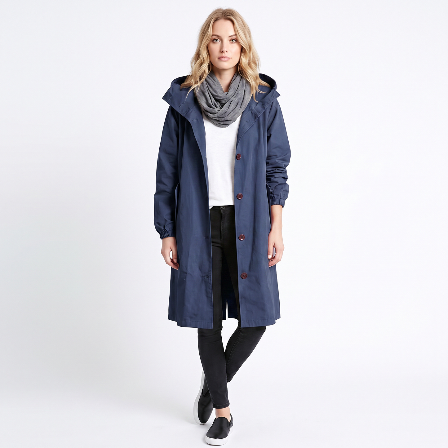 Women's Long Hooded Trench Coat Oversized Button-Front Casual Jacket