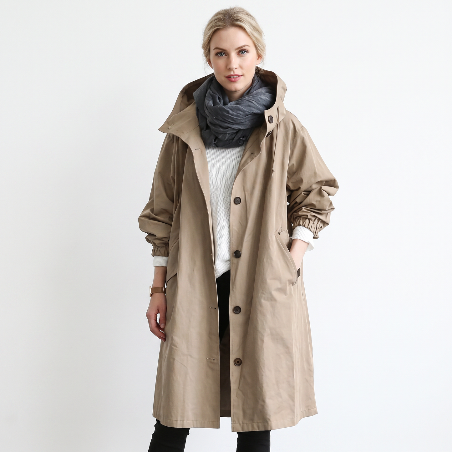 Women's Long Hooded Trench Coat Oversized Button-Front Casual Jacket