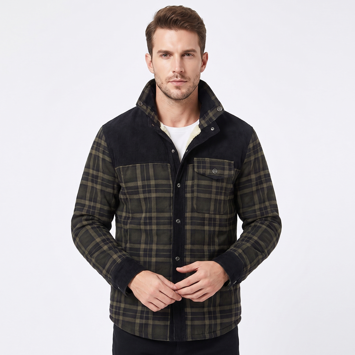 Men's Plaid Fleece-Lined Jacket Sherpa Lined Flannel Shirt Winter Coat