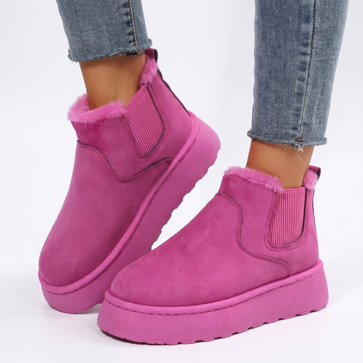 Women's Fur Lined Chelsea Platform Suede Ankle Winter Boots