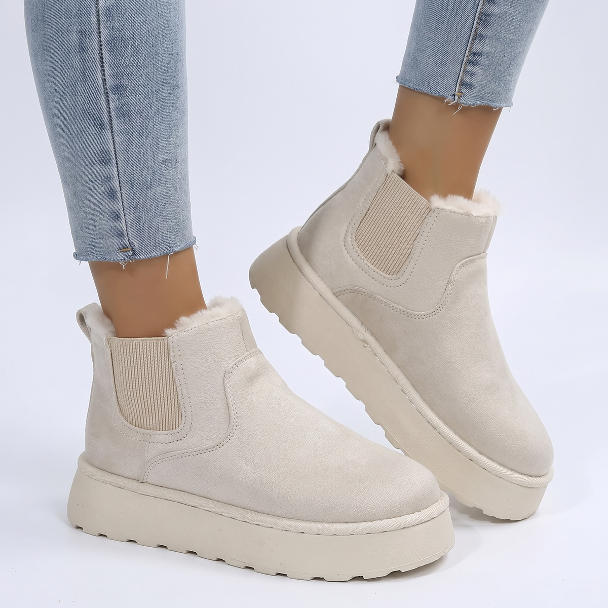Women's Fur Lined Chelsea Platform Suede Ankle Winter Boots