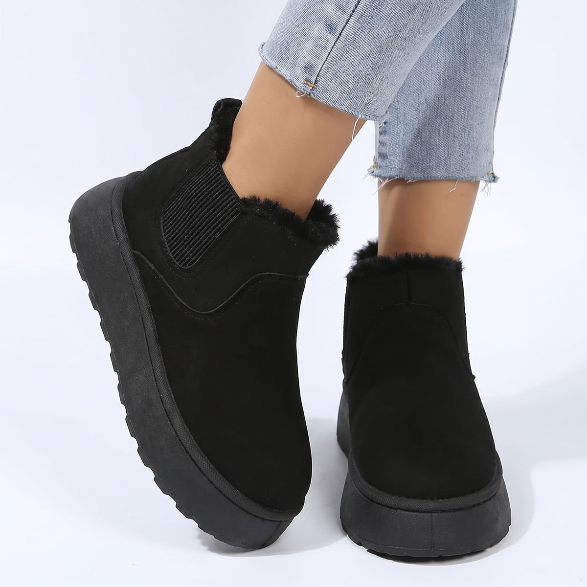 Women's Fur Lined Chelsea Platform Suede Ankle Winter Boots