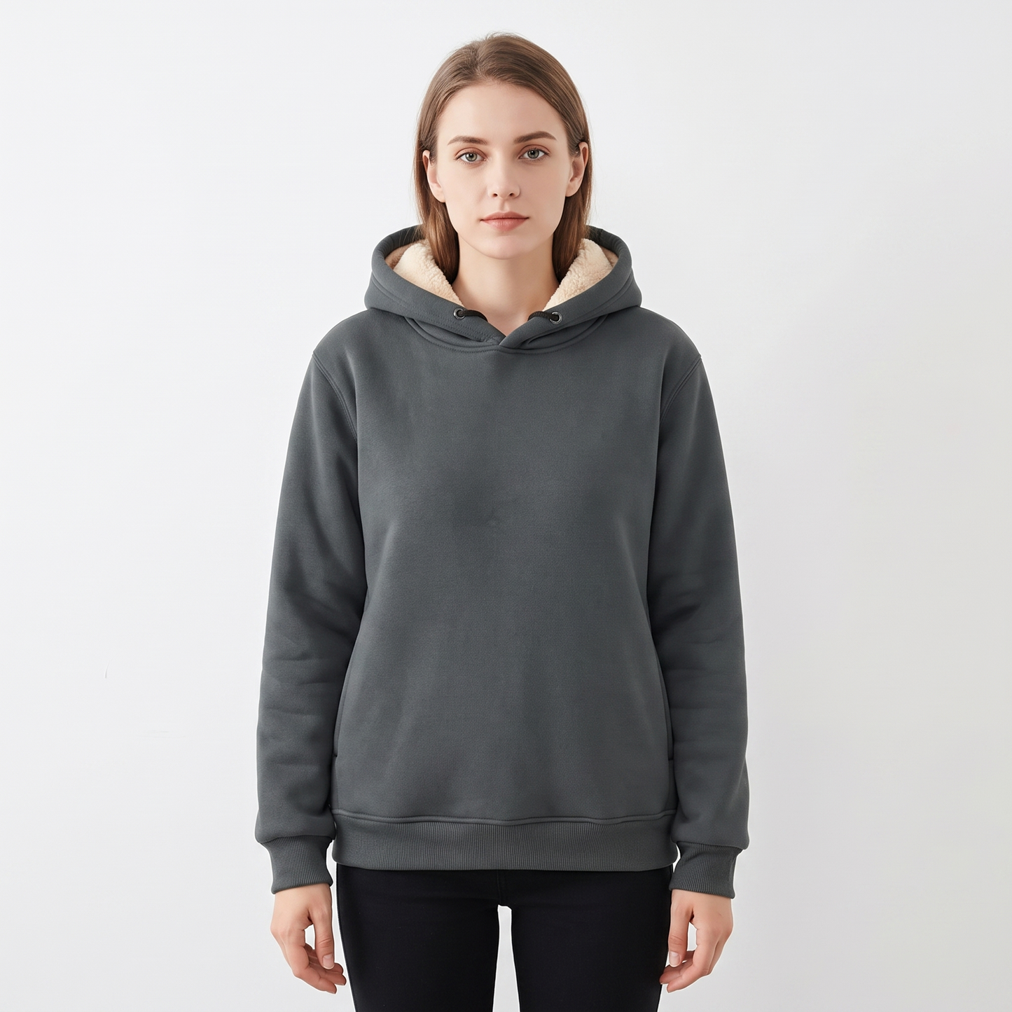 Unisex Fleece Lined Hoodie Thick Lambswool Warm Pullover