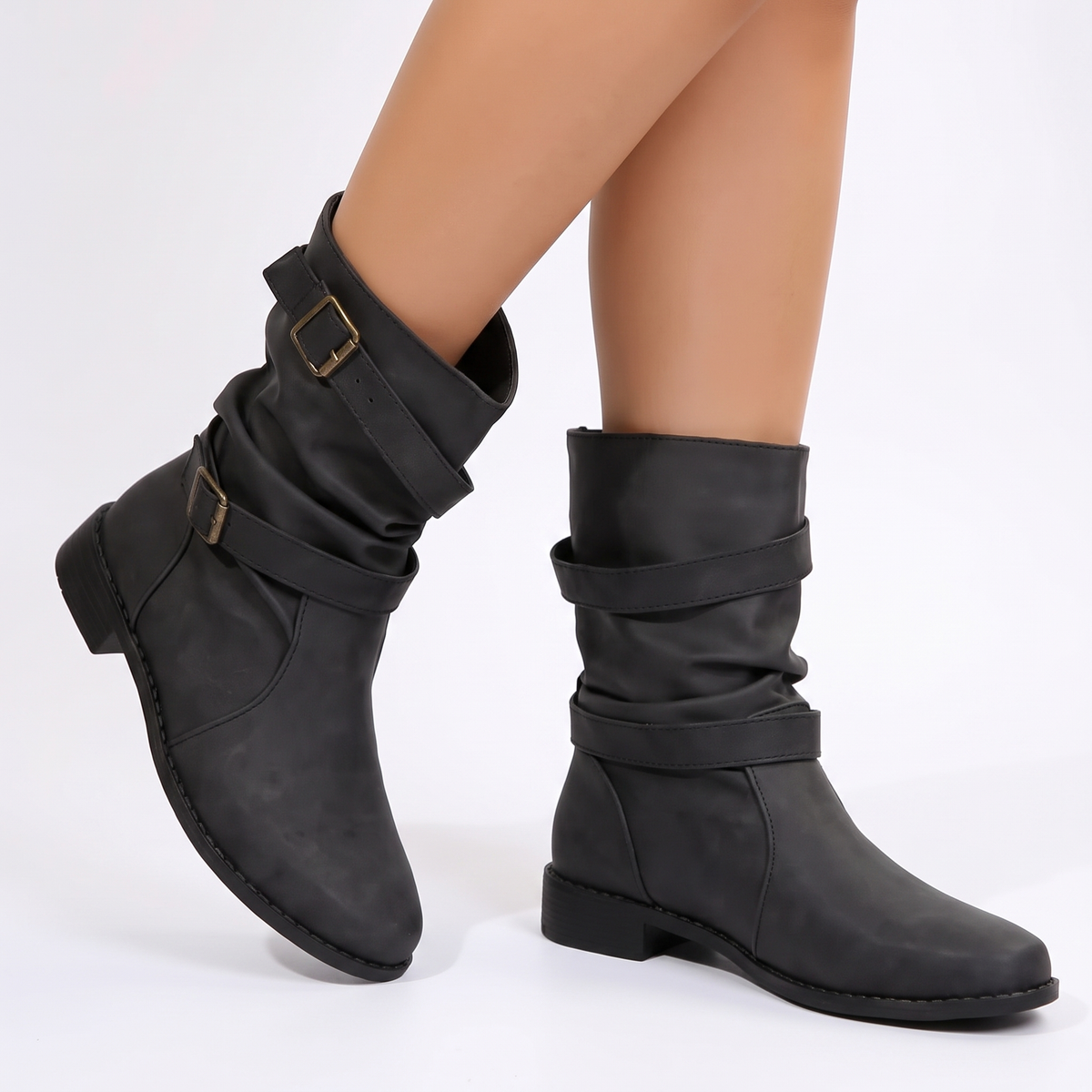 Women's Slouchy Buckle Winter Boots Mid Calf Faux Leather Block Heel