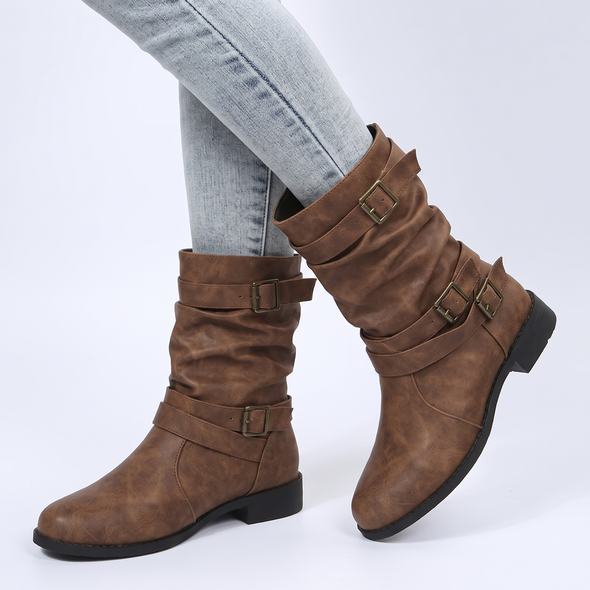 Women's Slouchy Buckle Winter Boots Mid Calf Faux Leather Block Heel