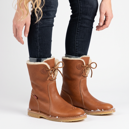 Women's Shearling Lined Leather Lace-Up Mid Calf Winter Boots