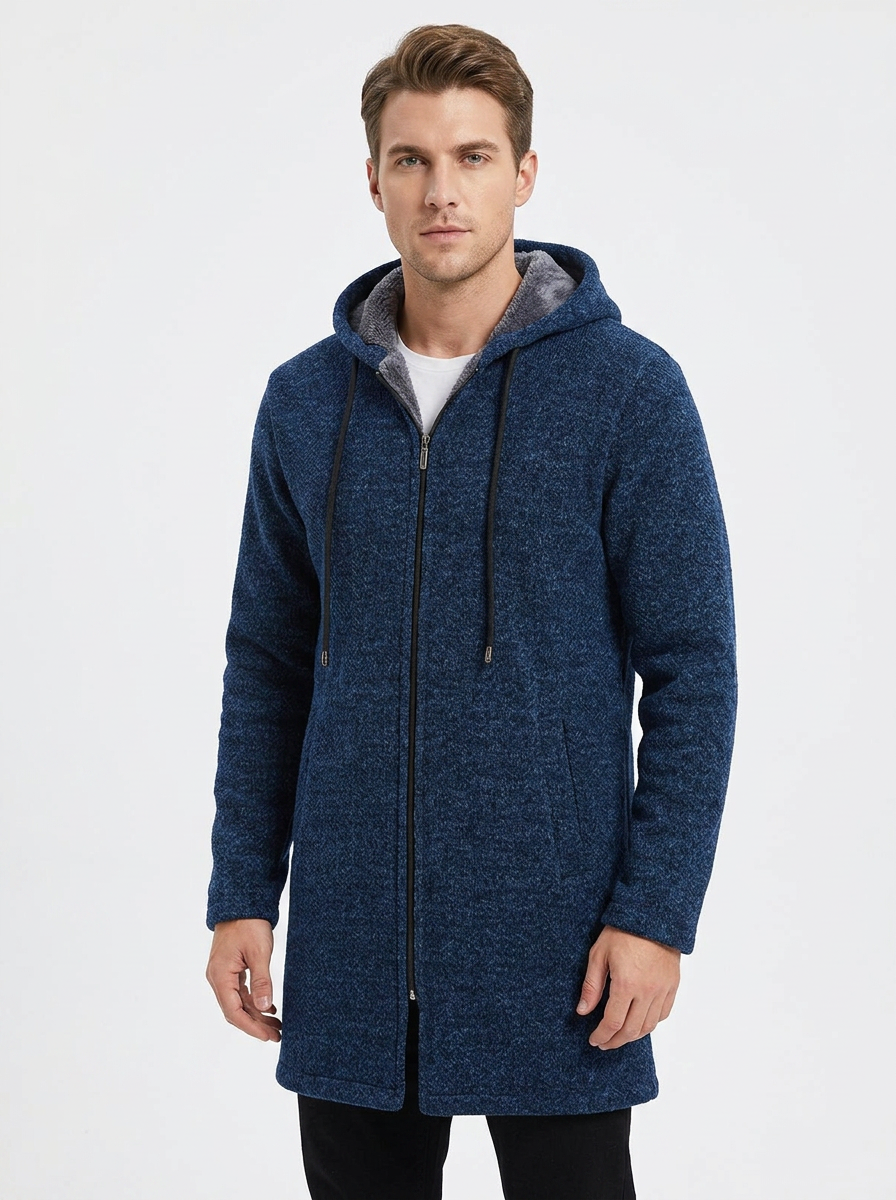 Men's Long Hooded Cardigan Fleece-Lined Zip-Up Knit Winter Coat