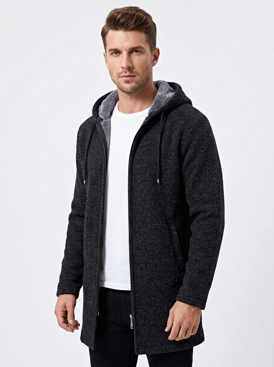 Men's Long Hooded Cardigan Fleece-Lined Zip-Up Knit Winter Coat