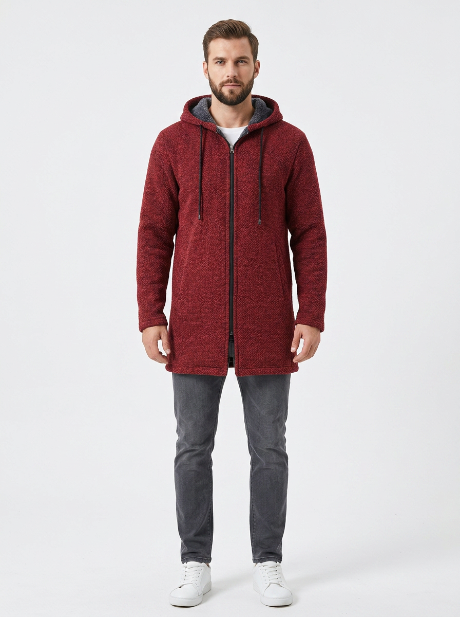 Men's Long Hooded Cardigan Fleece-Lined Zip-Up Knit Winter Coat