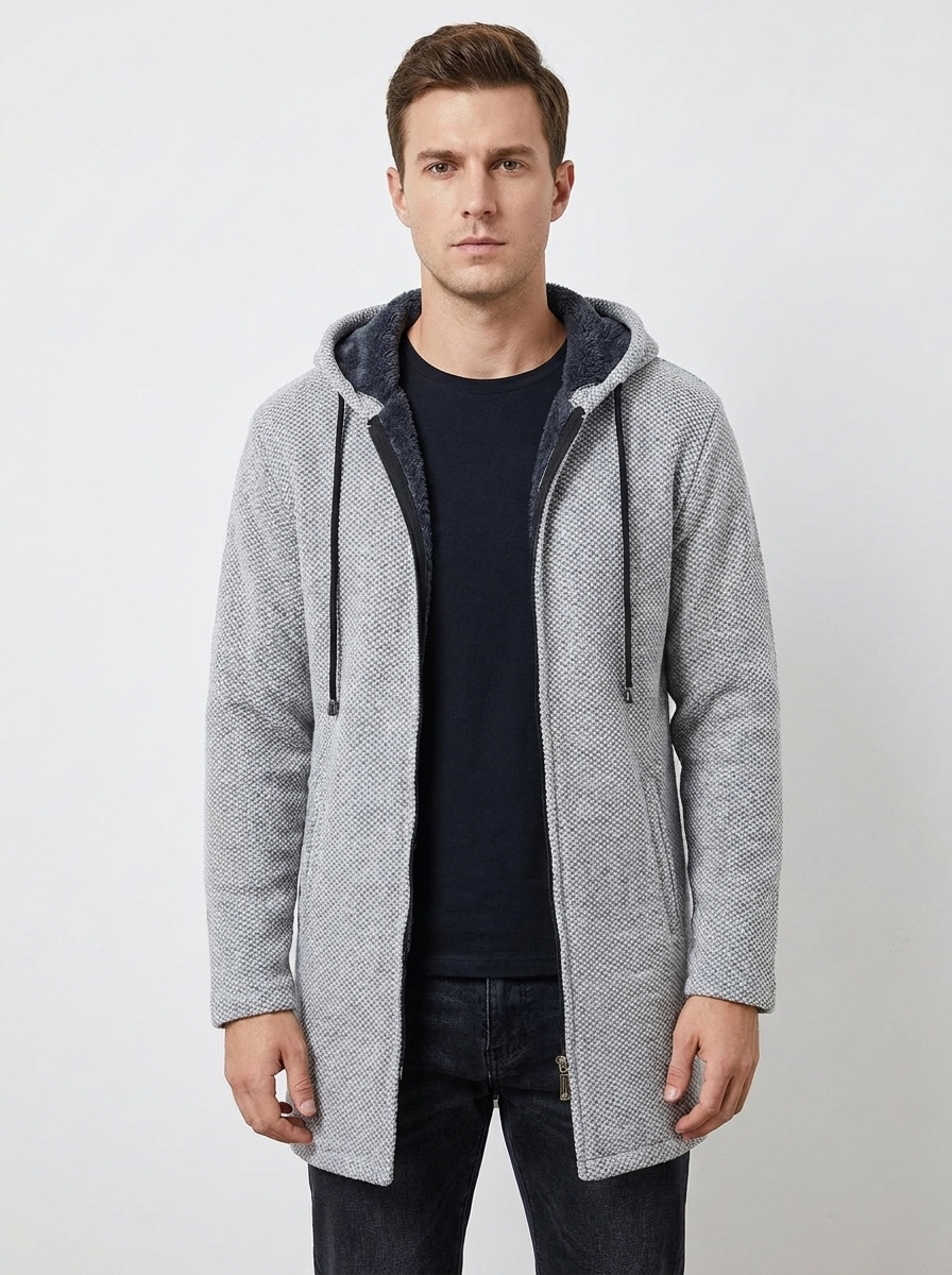 Men's Long Hooded Cardigan Fleece-Lined Zip-Up Knit Winter Coat