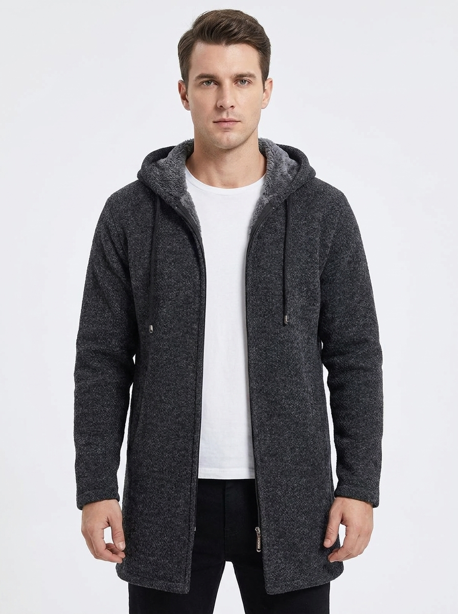 Men's Long Hooded Cardigan Fleece-Lined Zip-Up Knit Winter Coat