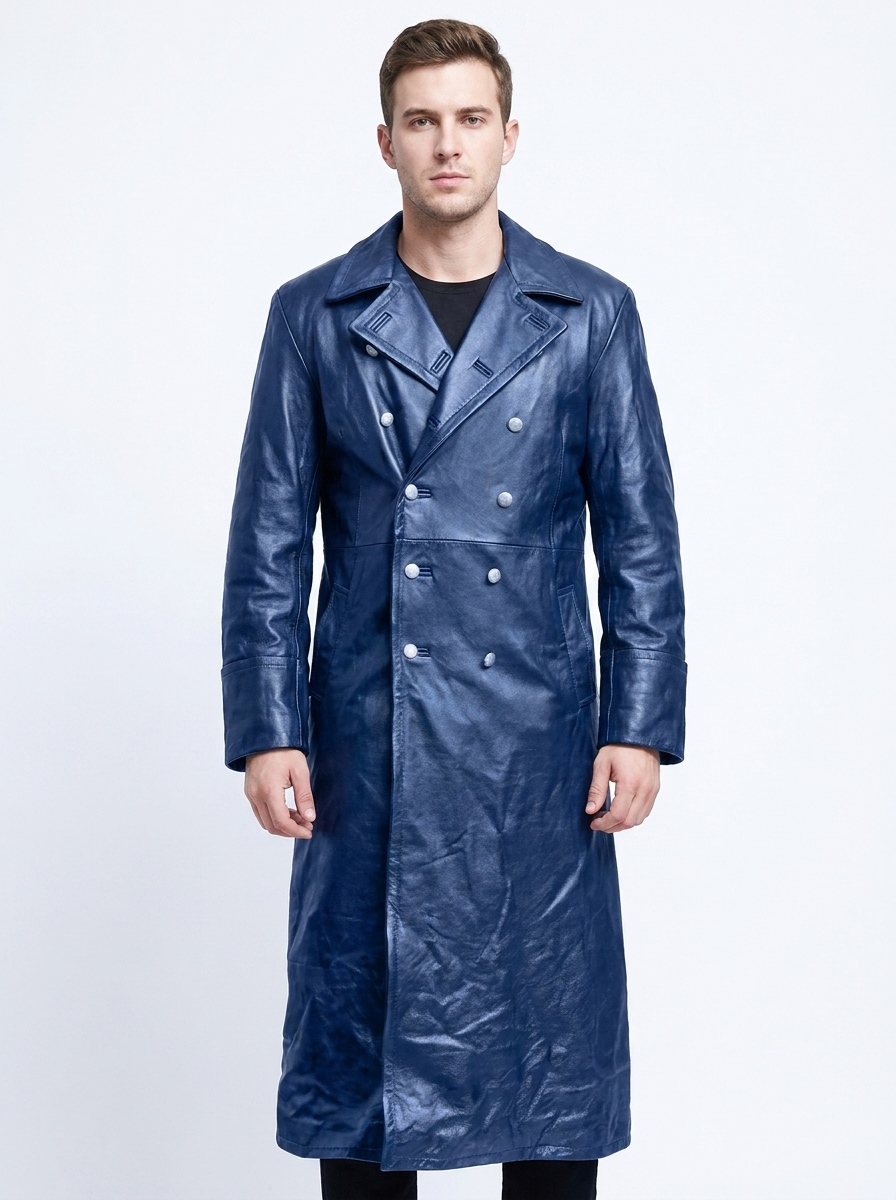 Men's Faux Leather Trench Winter Coat Double-Breasted Full-Length Overcoat