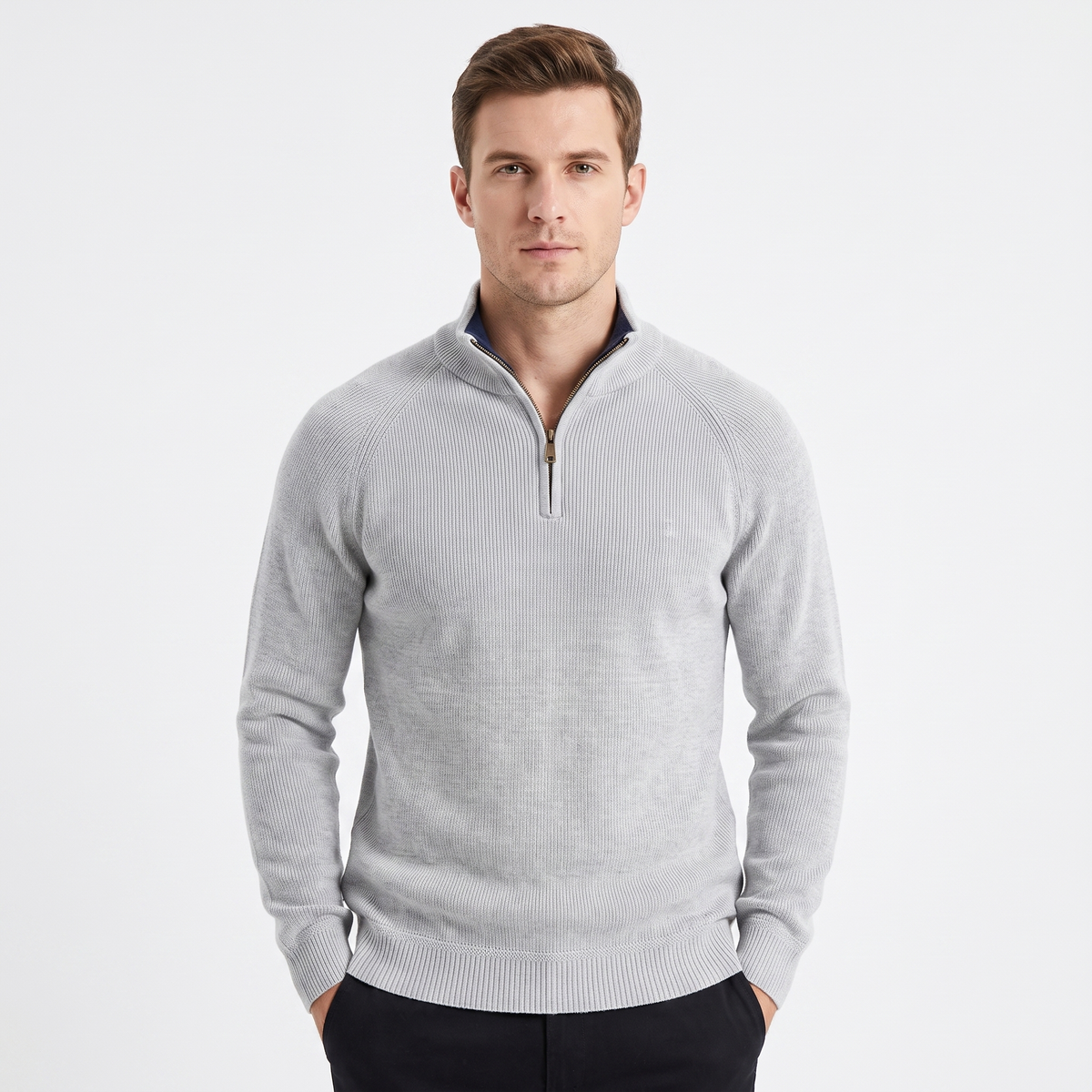 Men's Quarter-Zip Winter Sweater Cotton Knit Stand Collar Pullover
