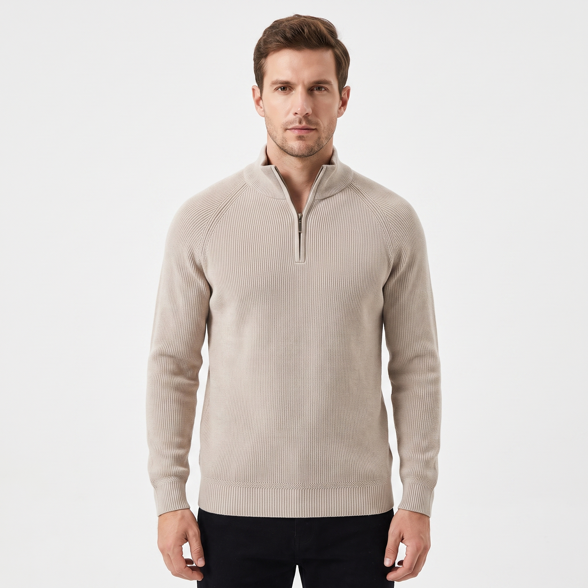 Men's Quarter-Zip Winter Sweater Cotton Knit Stand Collar Pullover