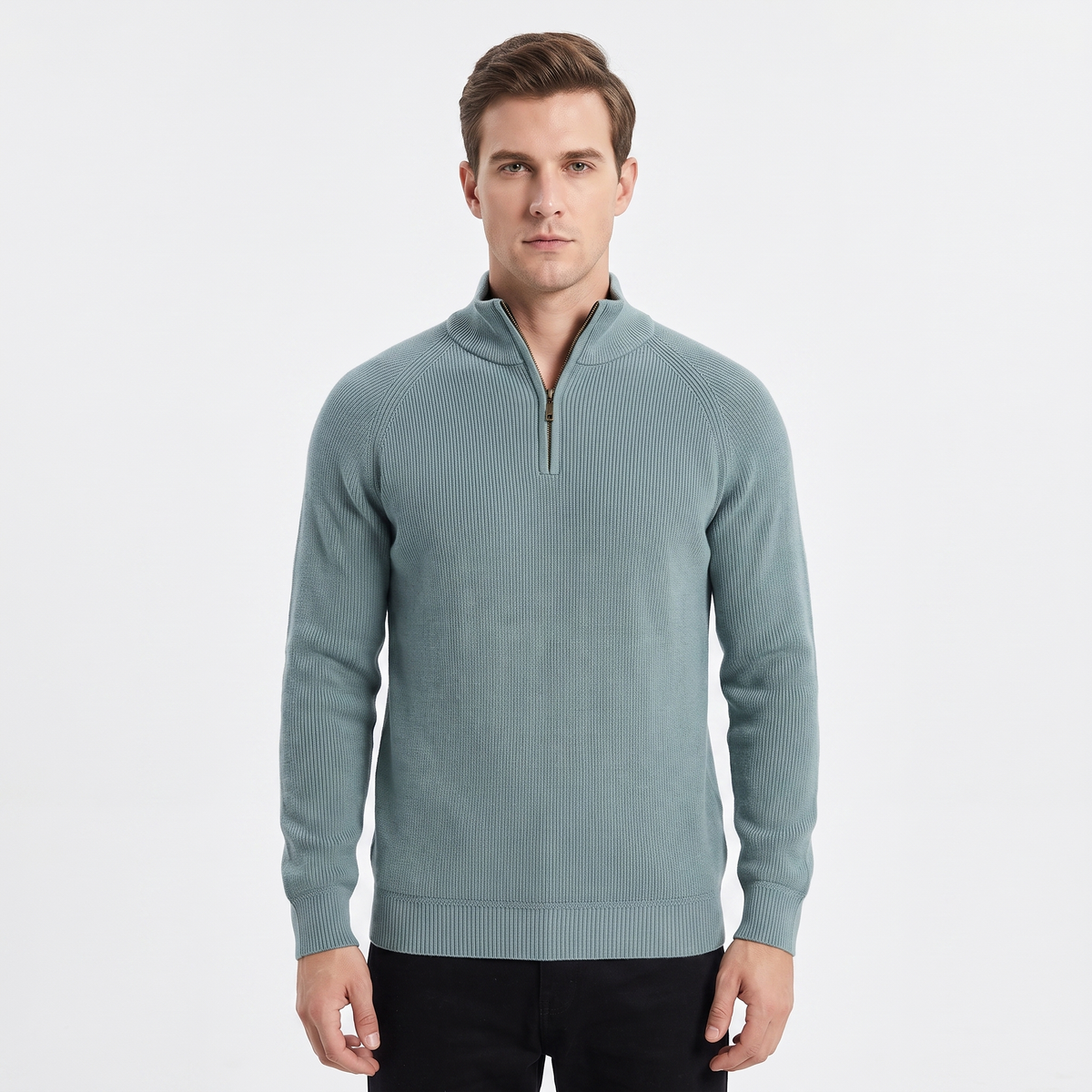 Men's Quarter-Zip Winter Sweater Cotton Knit Stand Collar Pullover