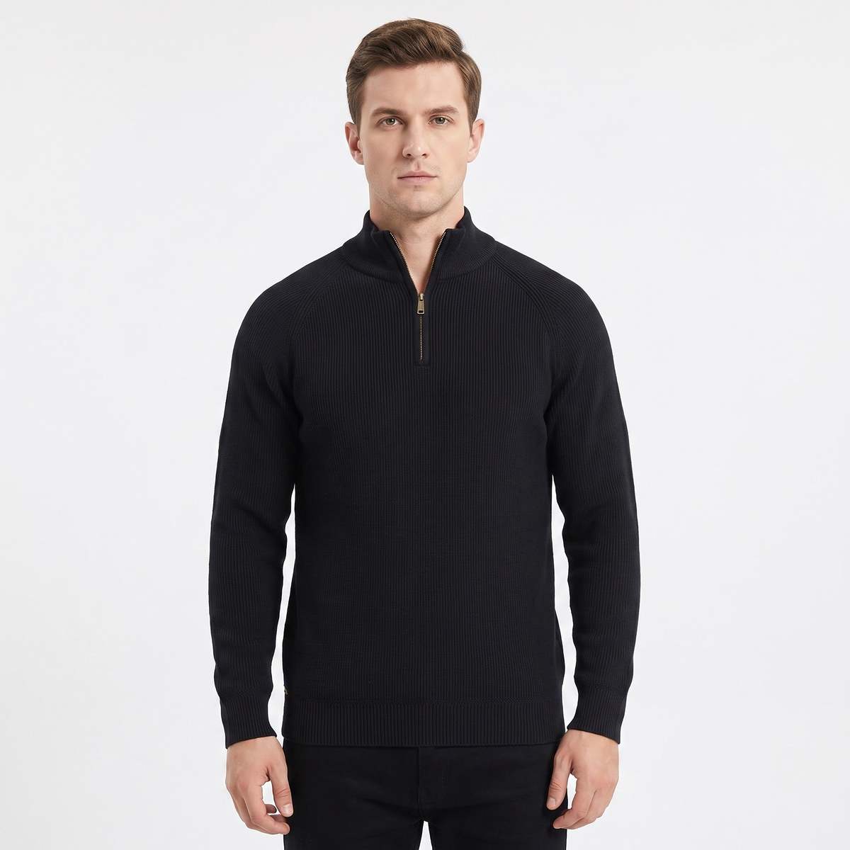 Men's Quarter-Zip Winter Sweater Cotton Knit Stand Collar Pullover