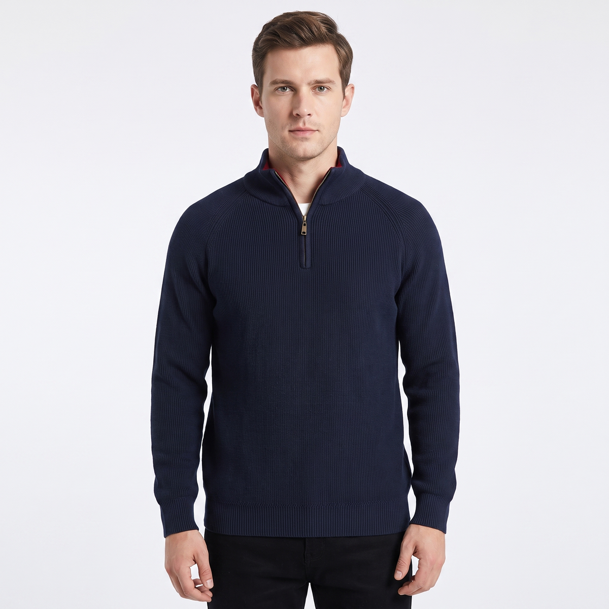 Men's Quarter-Zip Winter Sweater Cotton Knit Stand Collar Pullover
