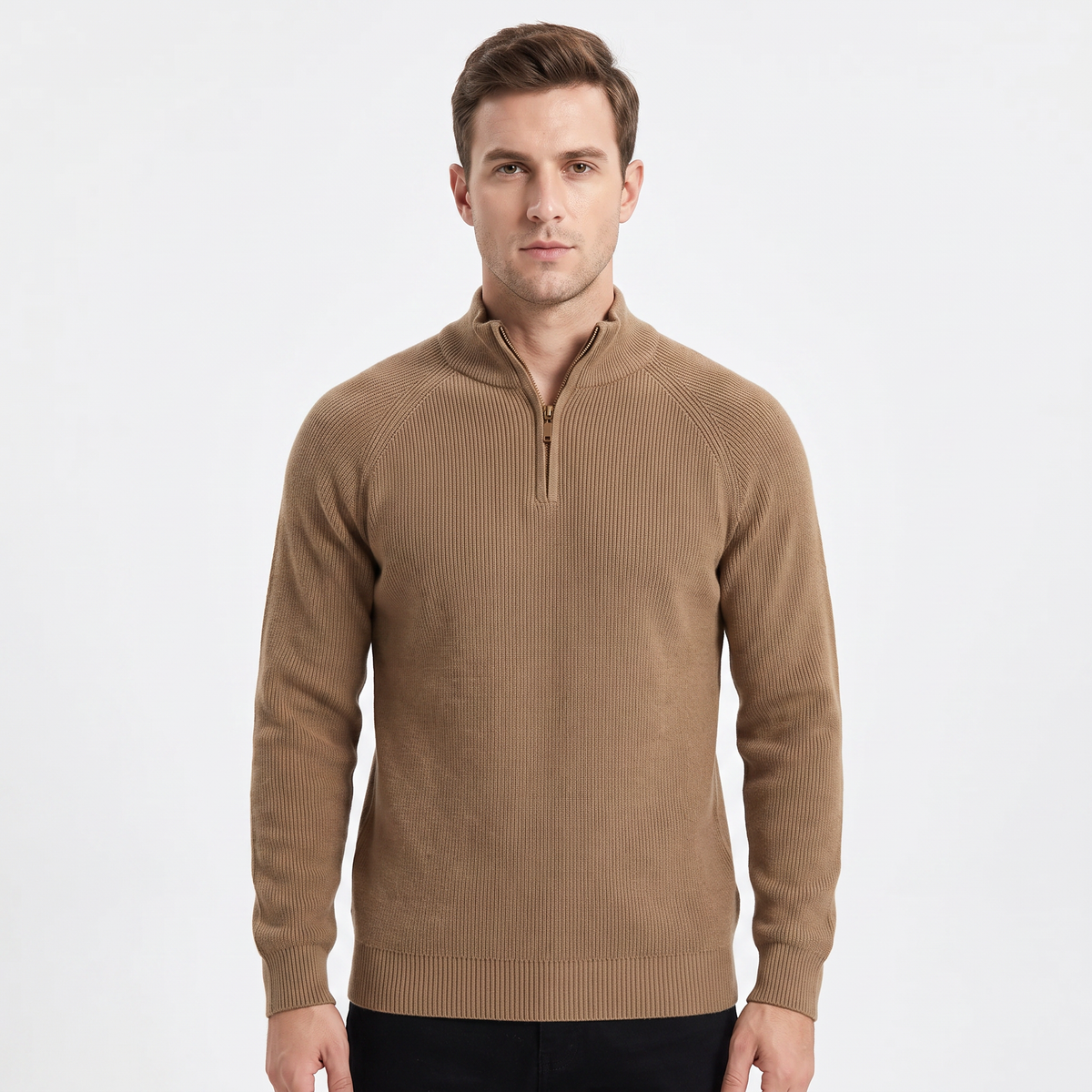 Men's Quarter-Zip Winter Sweater Cotton Knit Stand Collar Pullover