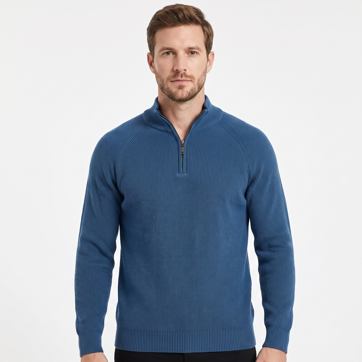 Men's Quarter-Zip Winter Sweater Cotton Knit Stand Collar Pullover