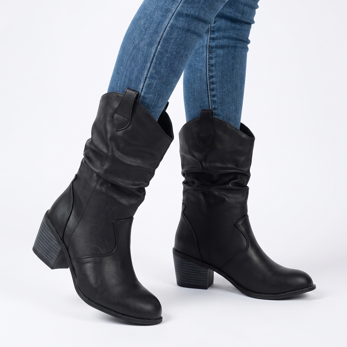 Women's Slouchy Western Winter Boots Faux Leather Block Heel Mid Calf