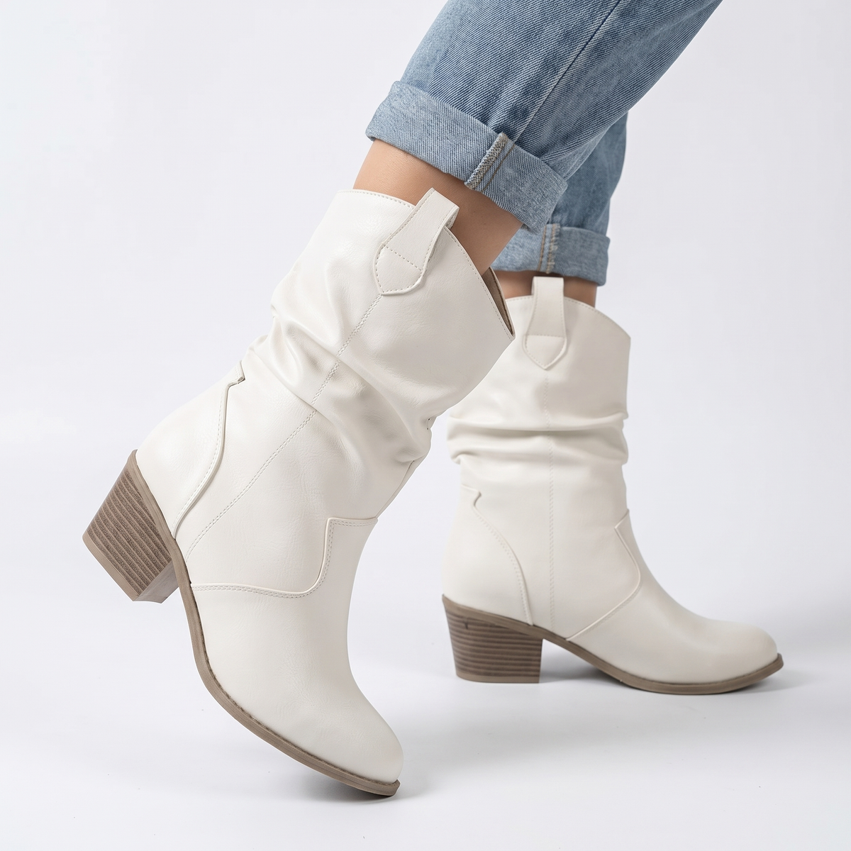 Women's Slouchy Western Winter Boots Faux Leather Block Heel Mid Calf