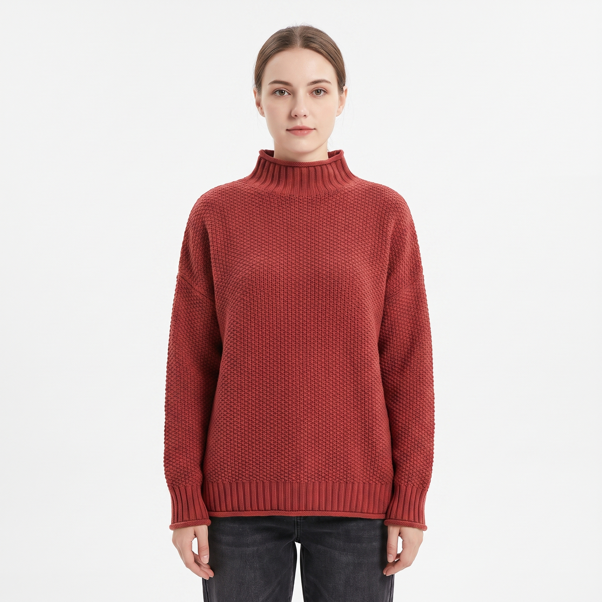 Women's Textured Knit Winter Sweater Oversized Mock-Neck Pullover
