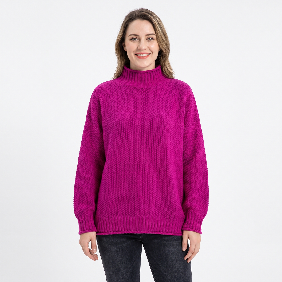 Women's Textured Knit Winter Sweater Oversized Mock-Neck Pullover