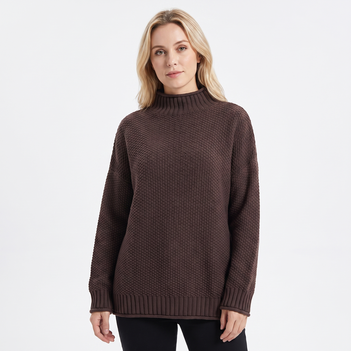 Women's Textured Knit Winter Sweater Oversized Mock-Neck Pullover