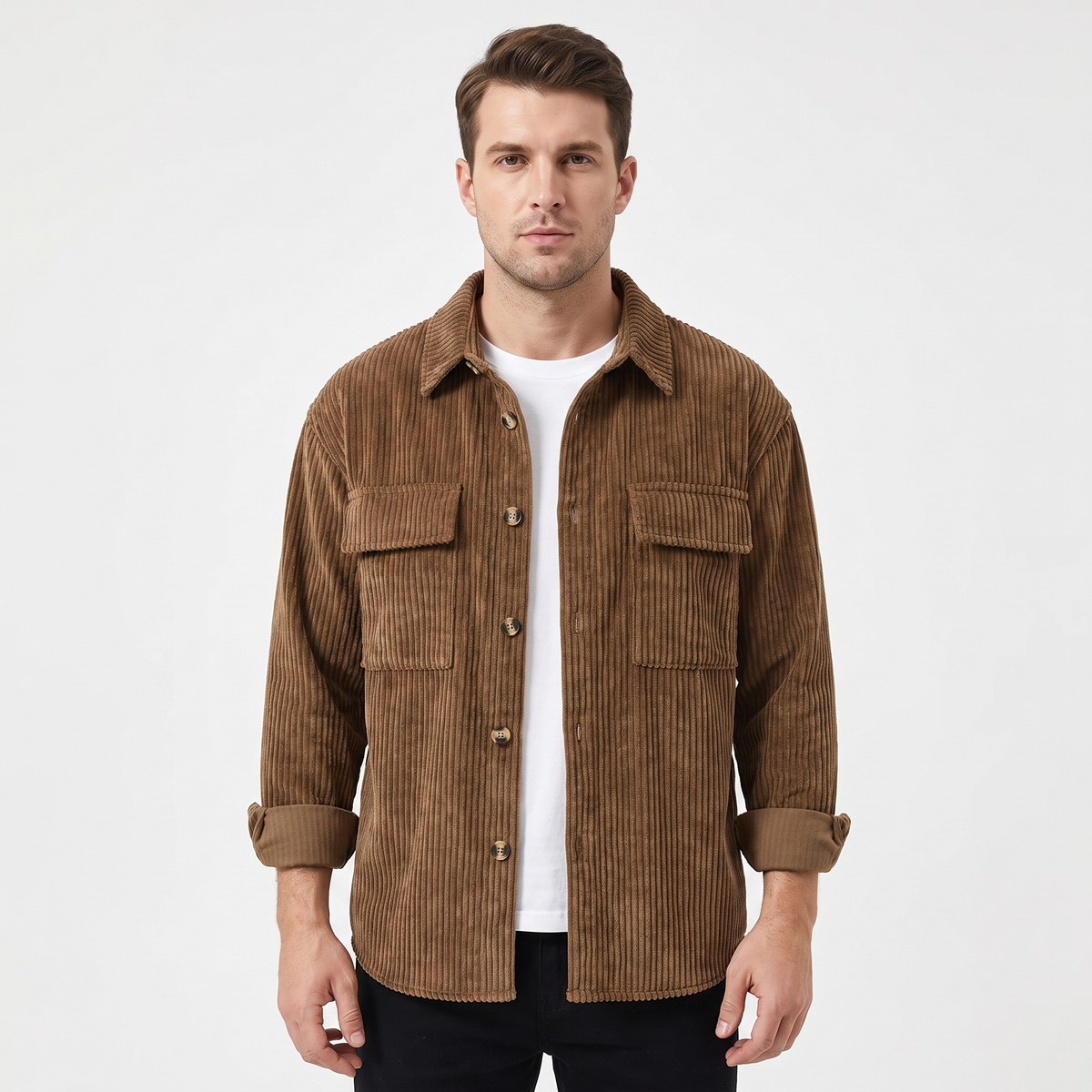 Men's Corduroy Overshirt Button Front Winter Jacket With Chest Pockets