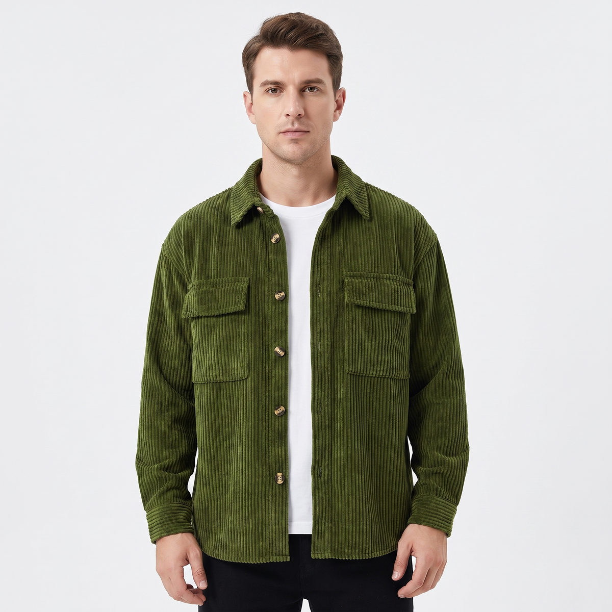 Men's Corduroy Overshirt Button Front Winter Jacket With Chest Pockets