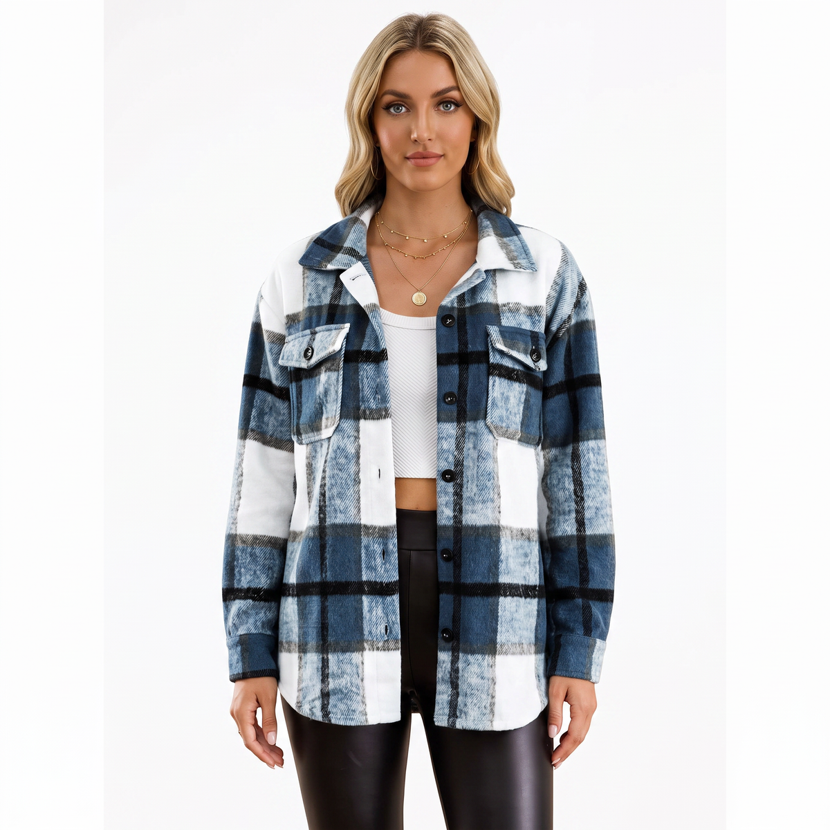 Women's Plaid Shacket Oversized Button Front Flannel Jacket